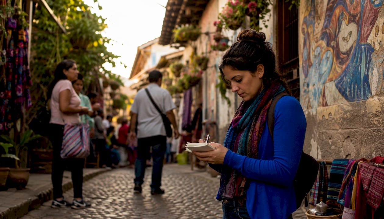 Young woman taking notes in city street