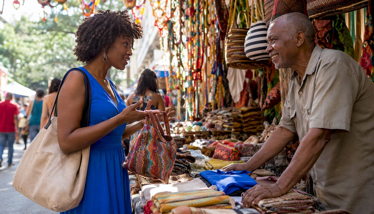 Woman negotiating at open-air market using language skills