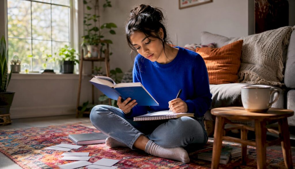 Woman studying Spanish vocabulary at home