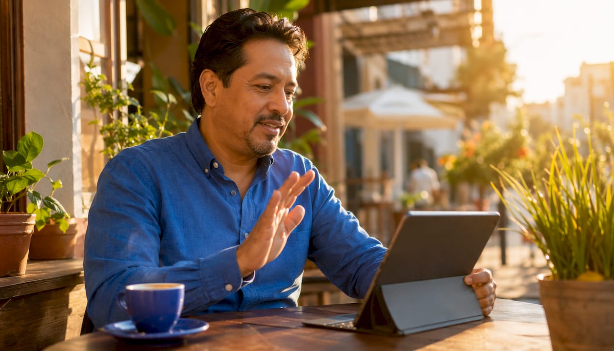 Man practicing Spanish greetings on tablet