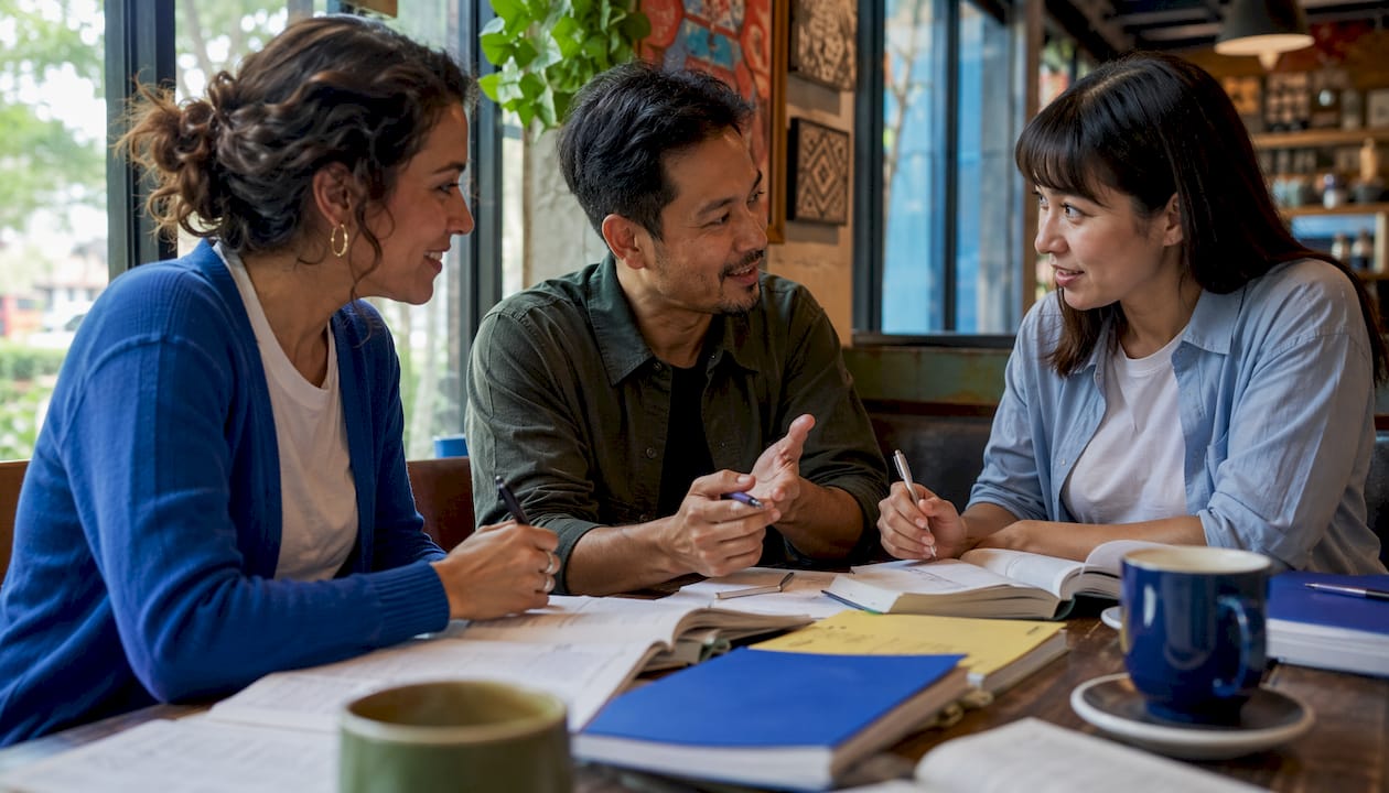 Group of adults practicing bilingual language