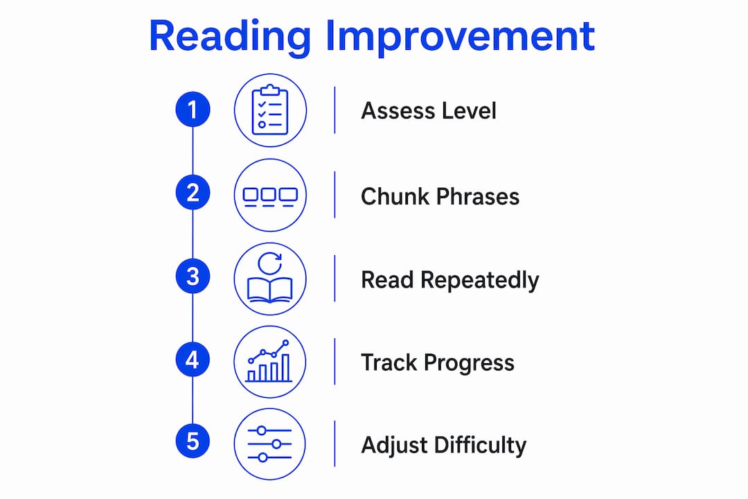 Infographic outlining Spanish reading improvement steps