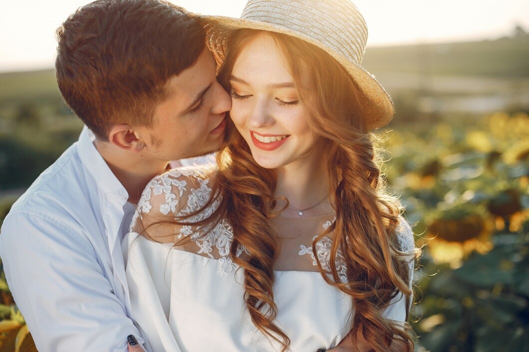 Sweet couple on sunflower field