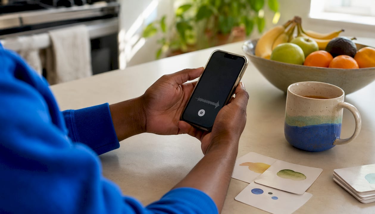 Hands holding phone showing voice message playback