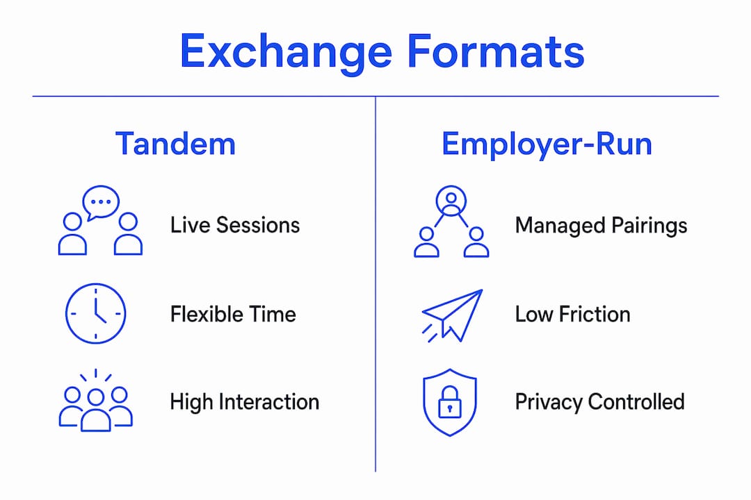 Infographic comparing tandem and employer-run language exchanges