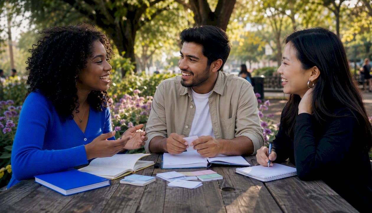 Adult learners practicing Spanish in group class