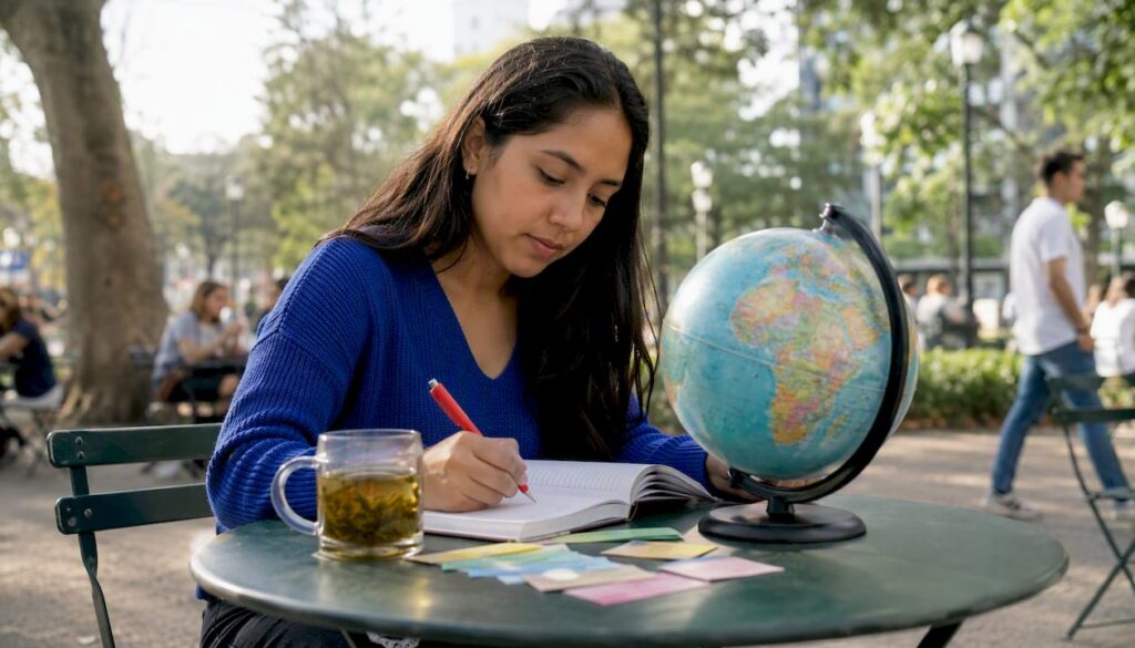 Woman studying Spanish with globe at home