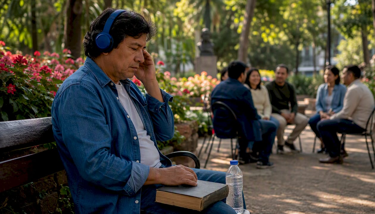 Man listening to Spanish dialects outdoors
