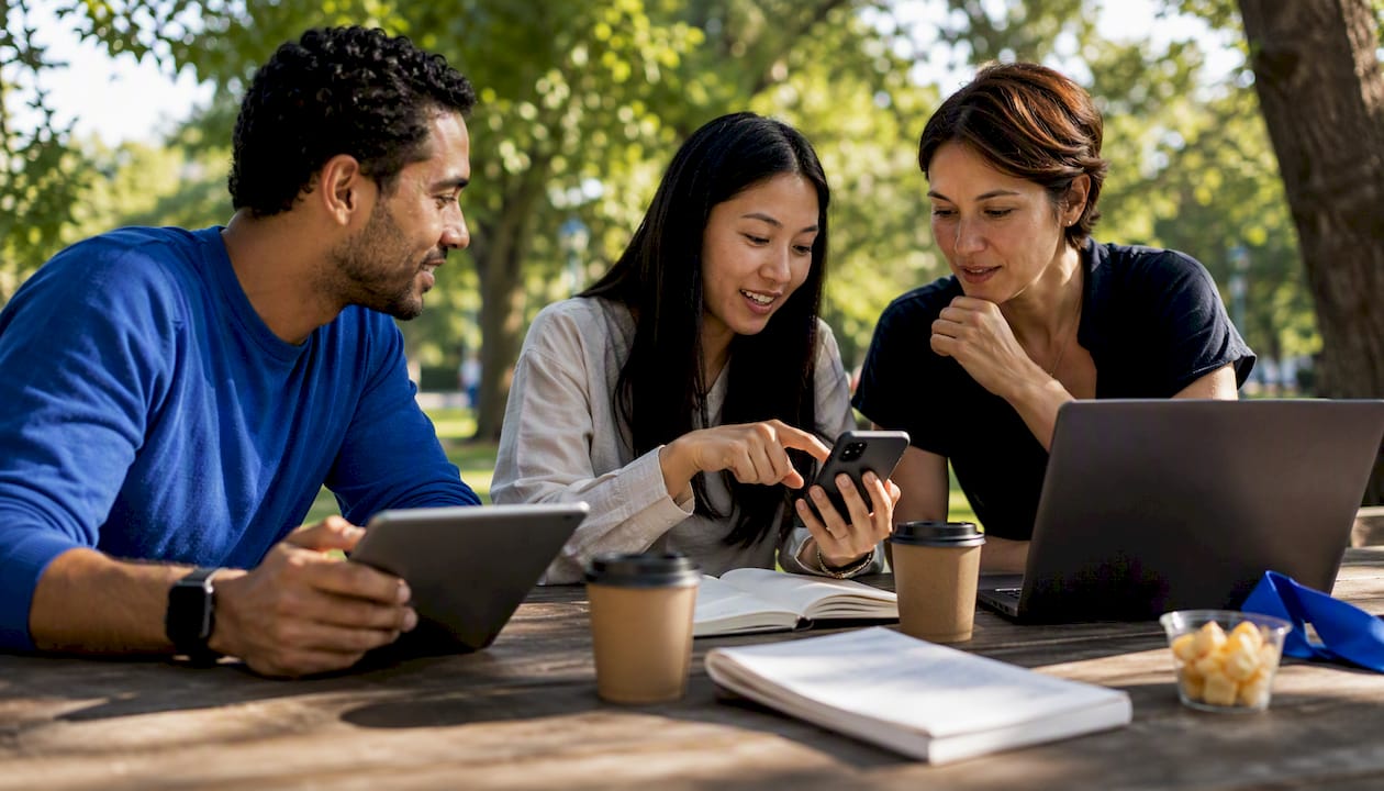 Group discussing language apps in café