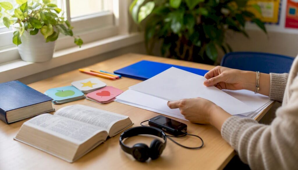 Language tutor arranging Spanish lesson materials