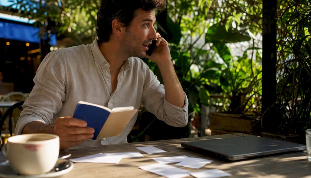Salesperson using Spanish phrasebook on call