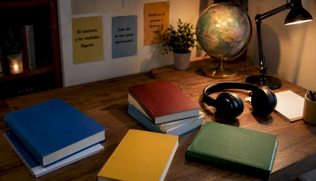 Study desk with exam materials and headphones