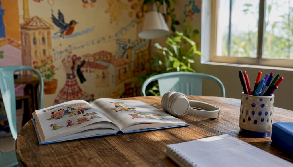 Beginner Spanish class materials on table