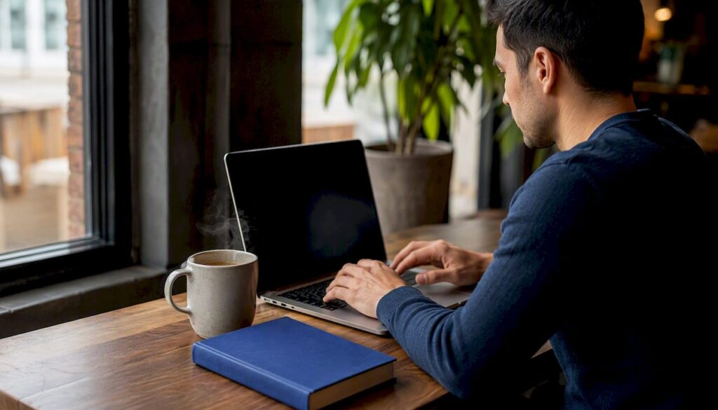 Professional composing Spanish email at desk