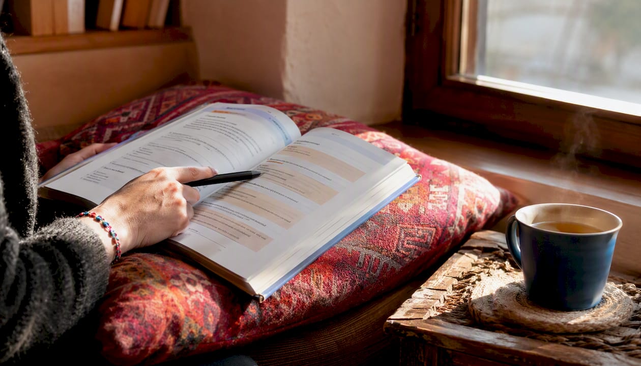 Hand pointing at Spanish email phrases in book
