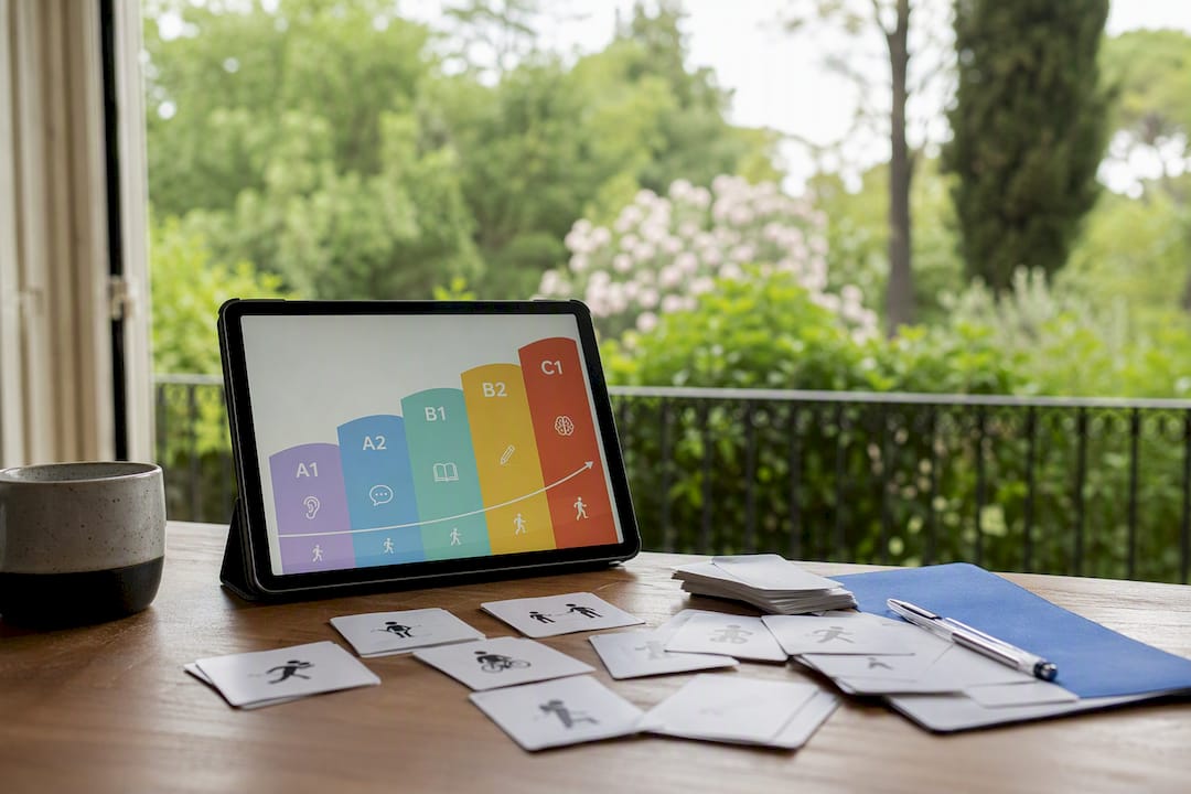 CEFR Spanish proficiency chart with flashcards