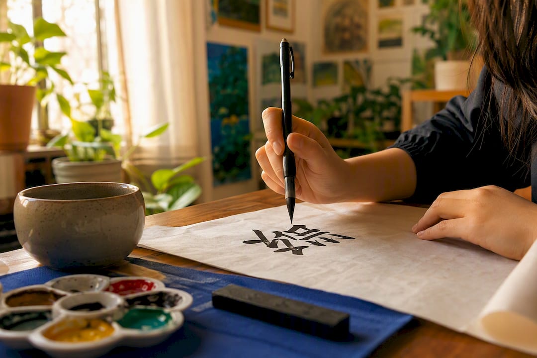 Hand writing Chinese characters with brush pen