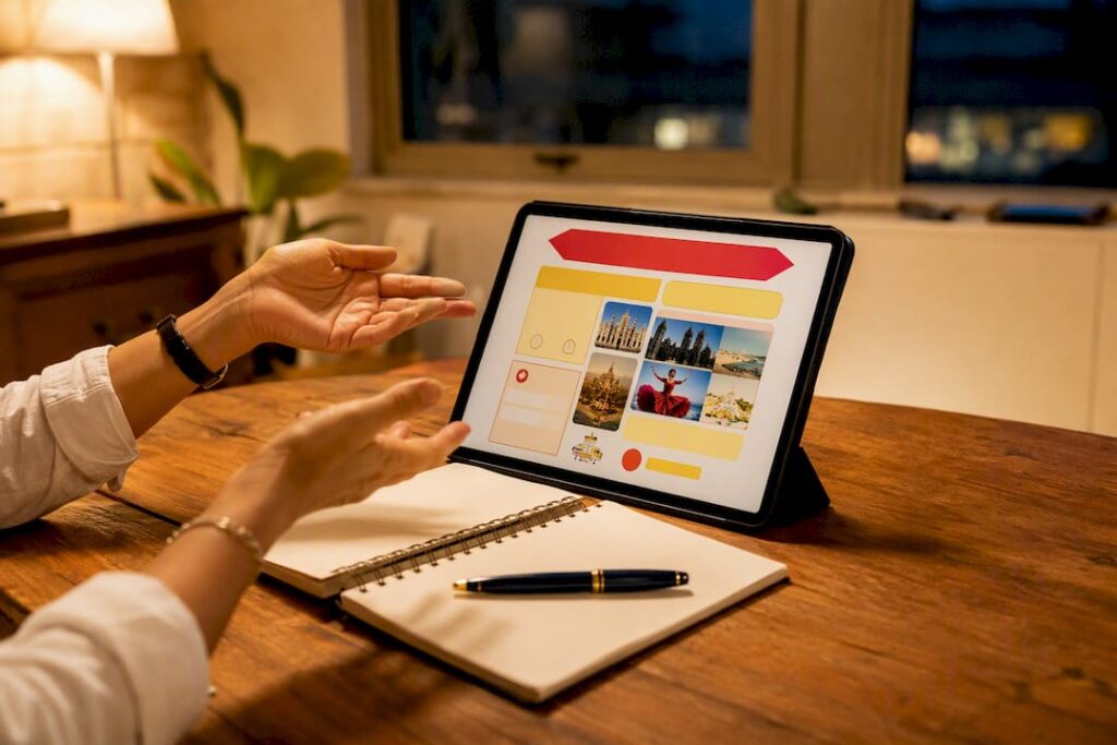Teacher pointing at Spanish lesson plan on tablet