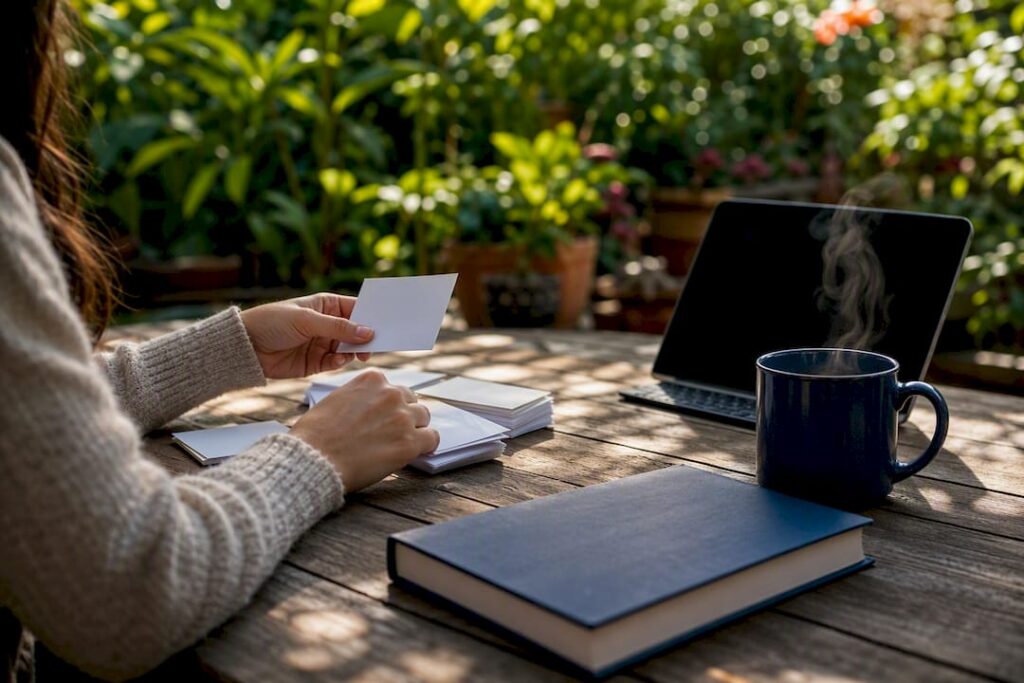 Hands on Spanish flashcards on desk