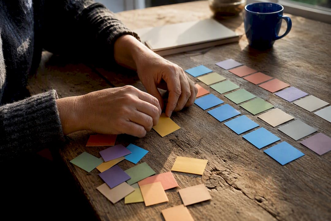 Hands working with spanish verb conjugation tiles
