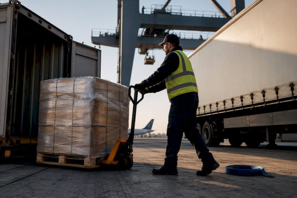 Cargo transferred between sea, air, and road transport