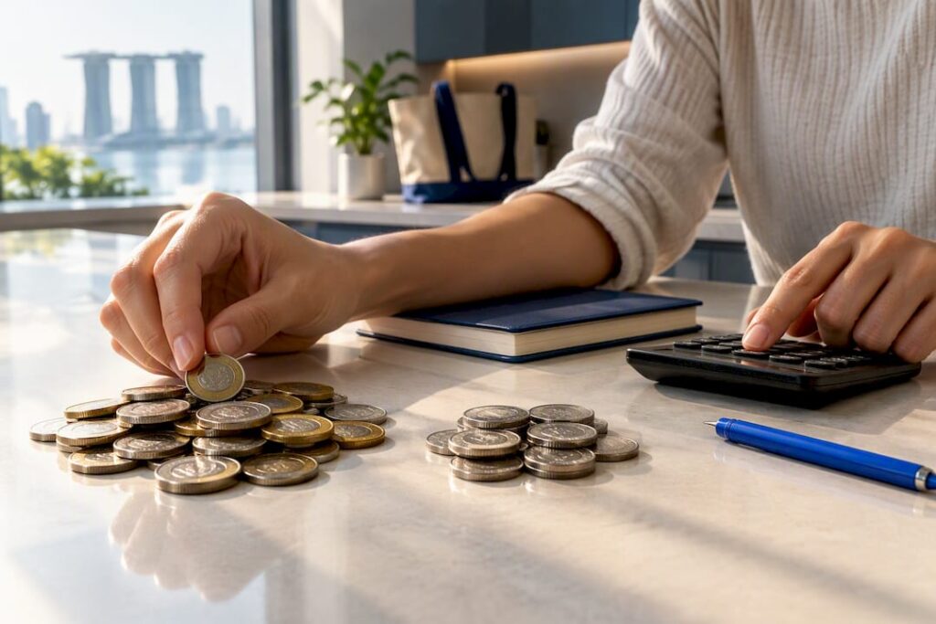 Learner sorting Singapore coins for class budget